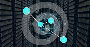 Network of connections and cyber security text over round scanner against computer server room