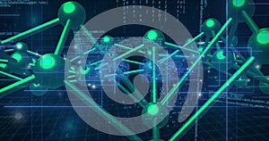 Network of connections and data processing image over binary coding background