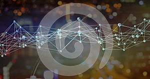 Network of connections and data processing image over blurred city lights