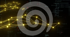 Network connections and data processing image over dark background with code