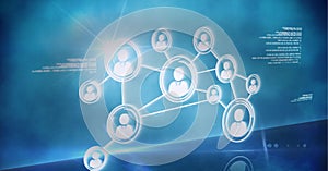 Network of connections and data processing over a blue background, technology and networking concept