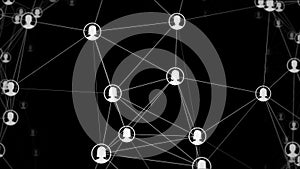 Network of connections and white people icons interacting on black background, Global network concept, 4k looping animation
