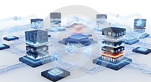 Abstract network of interconnected cubes with glowing elements on a white background