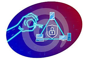Network and cyber security, data protection. Cyber neon hand opens a digital lock with a key