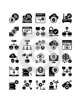 network cyber security protection solid icon set