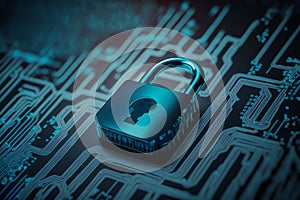 Network data security. Global network security, lock on blue background