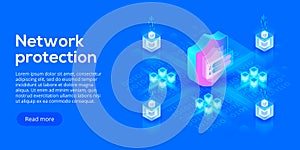 Network data security isometric vector illustration. Online server protection system concept with datacenter or