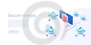 Network data security isometric vector illustration. Online server protection system concept with datacenter or blockchain. Secure