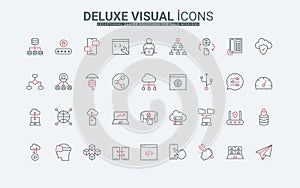 Network data system and architecture line icons set, flowchart model and algorithm