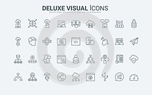 Network data system and architecture line icons set, flowchart model and algorithm