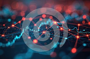 Network data visualization chart with interconnected nodes, lines representing data points. Abstract digital graph with colorful