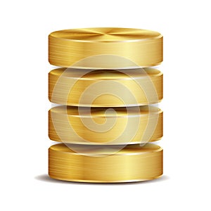 Network Database Disc Icon Vector. Realistic Illustration Of Computer Hard Disk. Golden Metal. Backup Concept Isolated On White