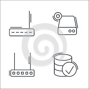 Network and database line icons. linear set. quality vector line set such as database, router, hard disk