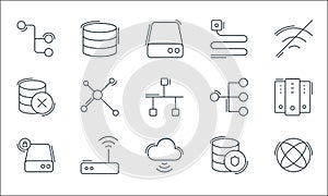network and database line icons. linear set. quality vector line set such as internet, cloud storage, hard disk, database, router