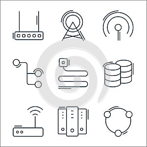 network and database line icons. linear set. quality vector line set such as share, server, router, database, phone cable,