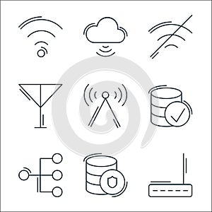 Network and database line icons. linear set. quality vector line set such as router, database, conection, database, antenna, no photo