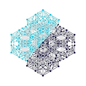 Network diagram featuring two interconnected structures of nodes and lines
