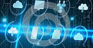 Network of digital icons against binary coding data processing on blue background