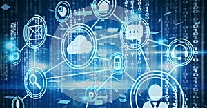 Network of digital icons against binary coding data processing on blue background