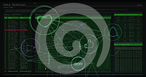 Network of digital icons against computer data processing against black background