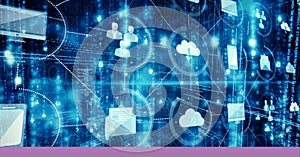 Network of digital icons over data processing against blue background