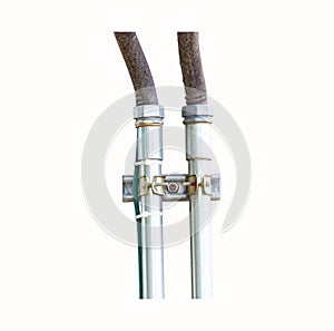 Network electric cable with metal flex pipe chrome isolated on white background.