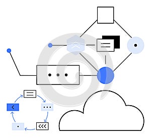 Abstract Diagram Representing Cloud Data Flow with Network Elements and Circular Process