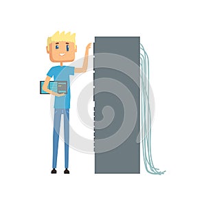 Network engineer administrator working in data center, server maintenance support cartoon vector illustration