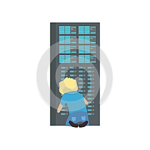 Network engineer administrator working in data center, server rack networking service cartoon vector illustration