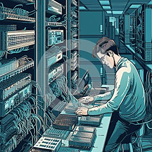 Network Engineer Configuring Routers and Switches in Data Center