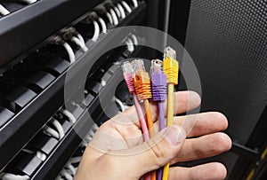 Network engineer holding a bunch of colorful ethernet cables in his hand.