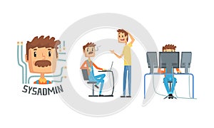 Network Engineer Working in Data Center Set, Computer Technician or System Administrator at Work, Networking Service