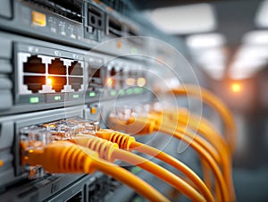 Network equipment with connected yellow Ethernet cables showing illuminated activity lights inside a server room or data center