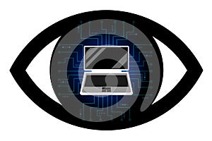 Network espionage. Laptop on a digital background. Tracking eye, identity theft