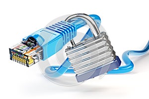 Network ethernet cable locked with padlock isolated on white background. Internet security and data protection concept