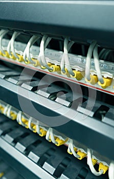 Network ethernet cables connect to switch server rack in data center hub of university, wires management on the interface panel