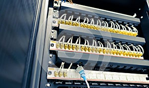 Network ethernet cables connect to switch server rack in data center hub of university, wires management on the interface panel