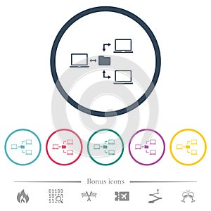 Network file system flat color icons in round outlines