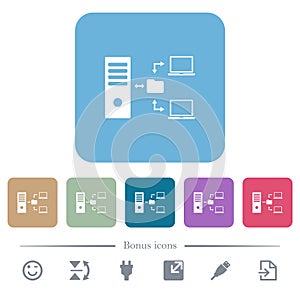 Network file system with server flat icons on color rounded square backgrounds