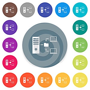 Network file system with server flat white icons on round color backgrounds