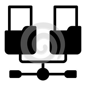 Network folders with documents solid icon, info tech concept. Vector graphics. Two folders and wired network, connection