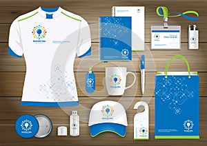 Network Gift Items, Color promotional souvenirs design for link corporate identity with technology lines. Stationery set, digital