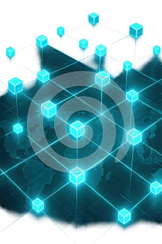 A network of glowing blue cubes connected by lines on a grid, representing blockchain, distributed systems, or futuristic digital