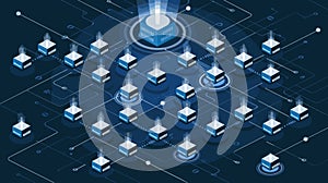 Network of glowing nodes and lines representing interconnected smart home system.