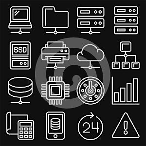 Network and Hosting Icons Set on Black Background. Line Style Vector