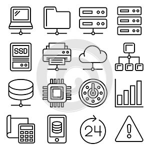 Network and Hosting Icons Set on White Background. Line Style Vector