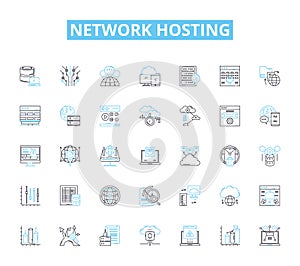 Network hosting linear icons set. Cloud, Server, Virtualization, Bandwidth, Colocation, Datacenter, Firewall line vector