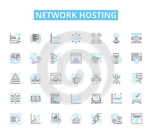 Network hosting linear icons set. Cloud, Server, Virtualization, Bandwidth, Colocation, Datacenter, Firewall line vector