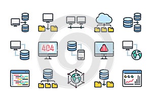 Network and hosting related color line icon set.