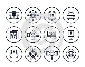 Network, hosting and servers line icons set